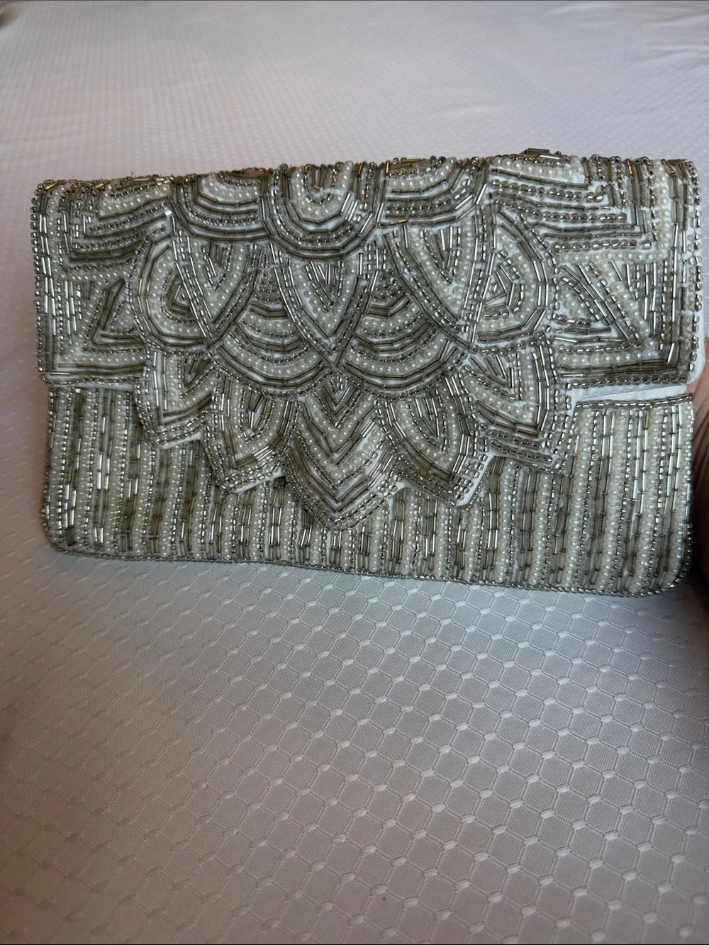 INC International Concepts Ivory and Silver Beaded Clutch